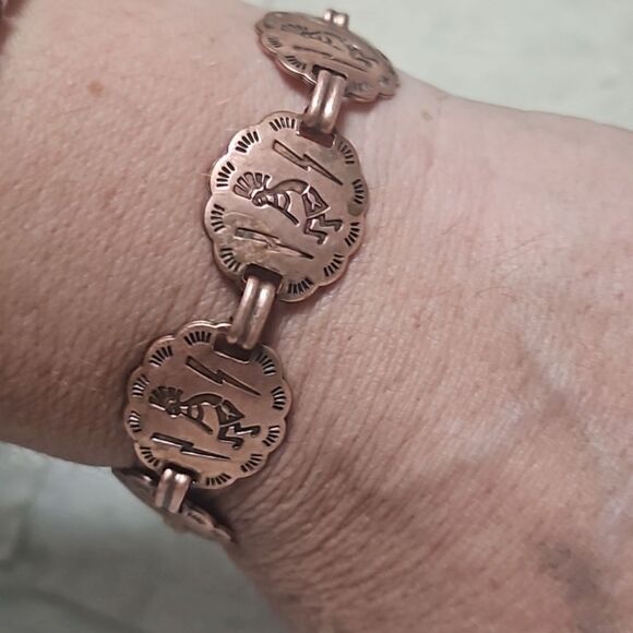 Vintage Copper Kokopelli Lightning Concho Signed Y2K Link Bracelet - Picture 9 of 10